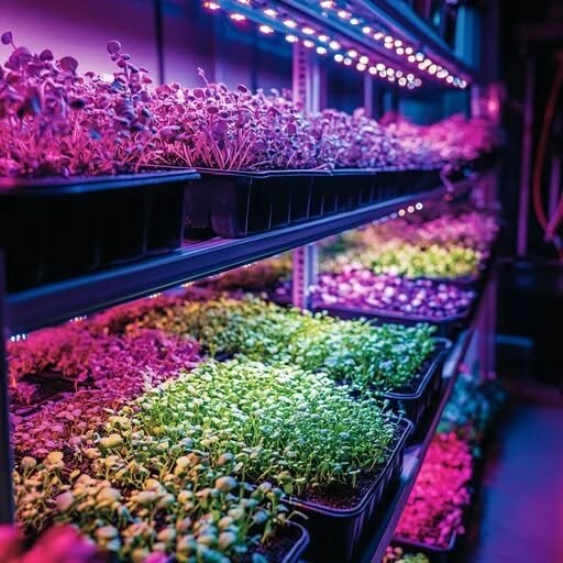 Microgreen trays growing under lights at BD Greens